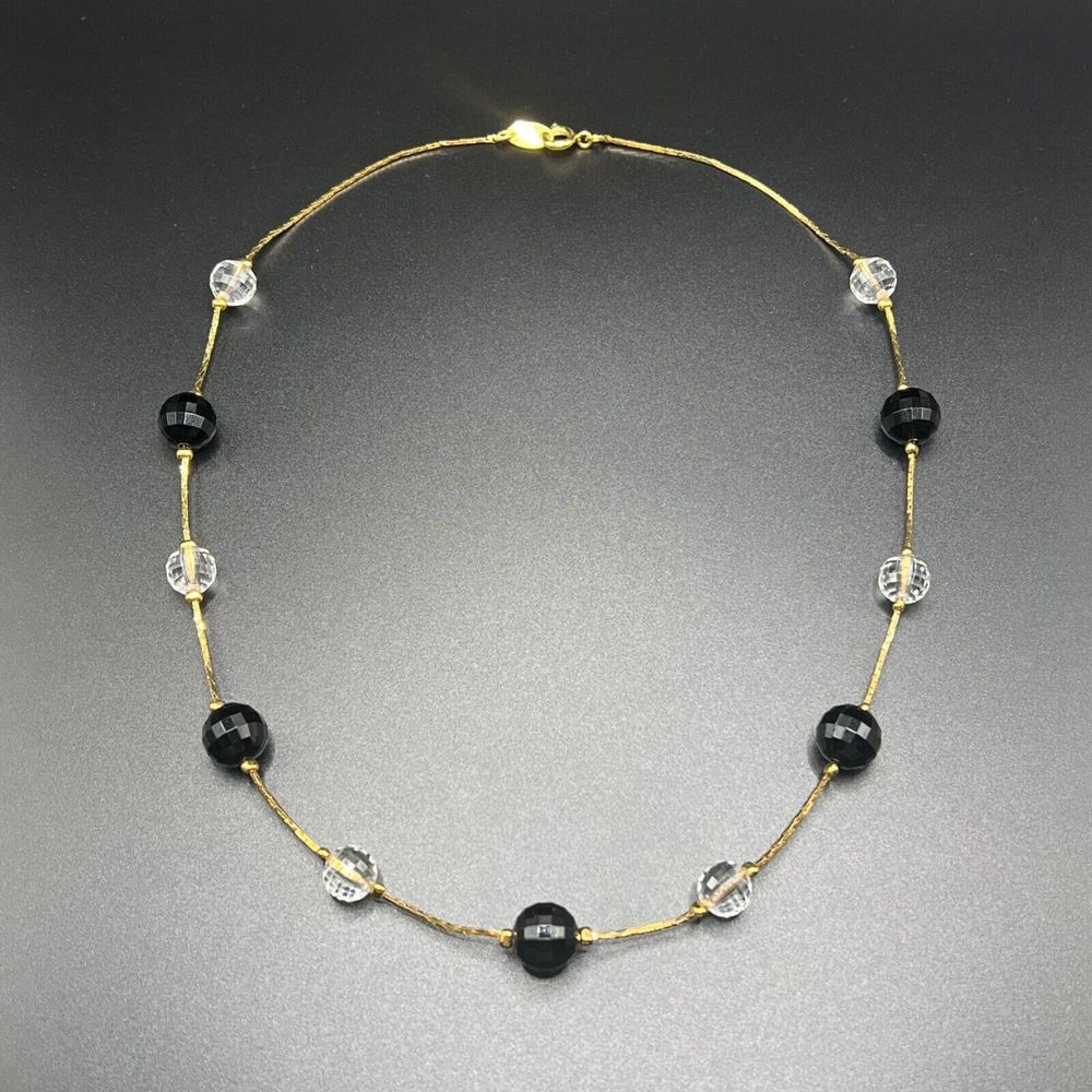 Vintage TRIFARI Beaded Station Necklace Gold Tone Clear Black Beads Signed